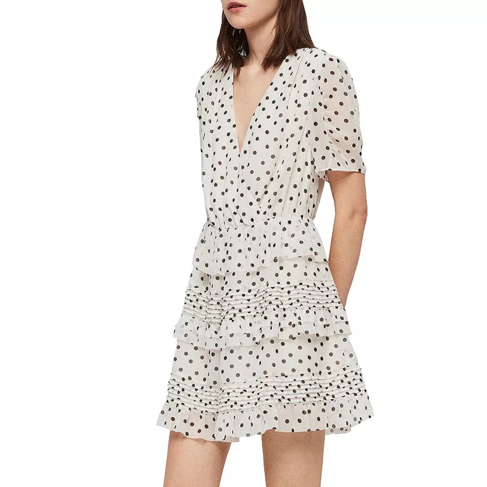 New All Saints Ilia Polka-Dot white black Ruffle tiered V-neck mini Dress